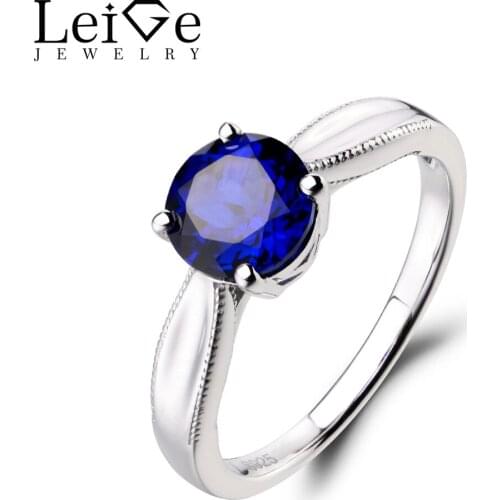Leige Jewelry Anniversary Ring Lab Blue Sapphire Ring Round Cut Fine Gemstone 925 Sterling Silver Ring September Birthstone