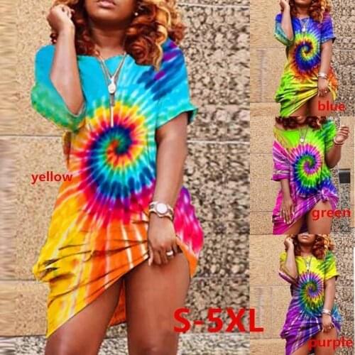 Ladies Summer Tie Dye Print Short Sleeve Off Shoulder Casual Plus Size Dress