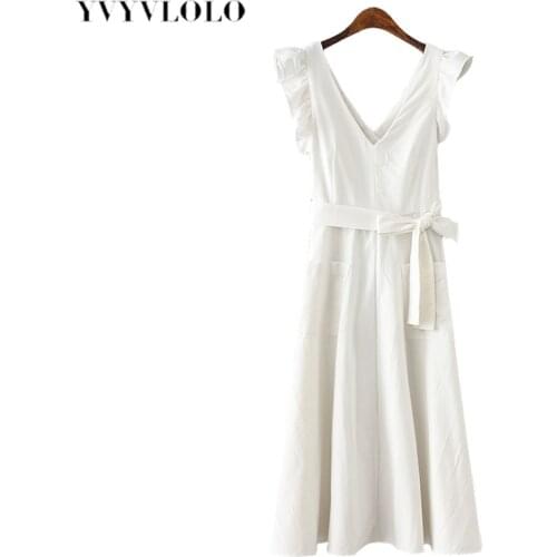 YVYVLOLO European Fashion V neck ruffles sleeve with Sexy Hollow Out dress ladies vintage summer Party Dress dresses vestidos