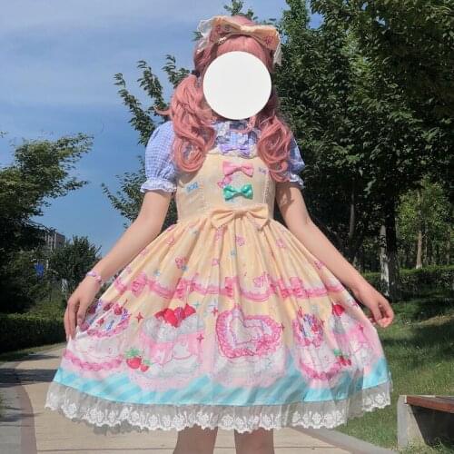 Women Dress Japanese Lolita Style Gothic Girly Summer Dress Sweet Kawaii Cute Ruffle Bow Jsk Strap Ladier Princess Dress Girls