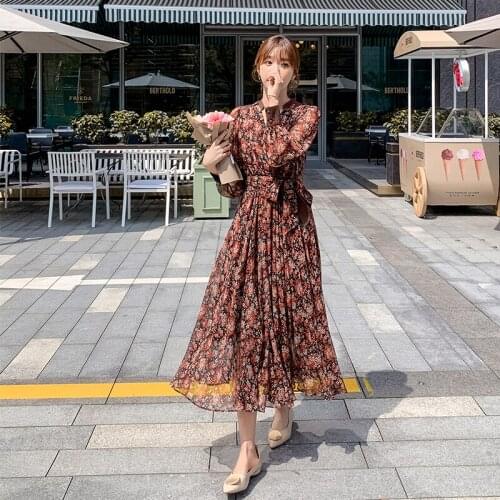 2021 New Autumn V-neck Vintage Floral Print Dresses Womens High Waist Full Sleeve Chiffon Female A-line Lace Up Dress Vestidos
