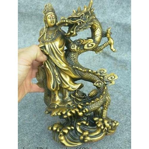 10" China Buddhism Pure Bronze GuanYin Kwan-Yin Bodhisattva stand Dragon Statue