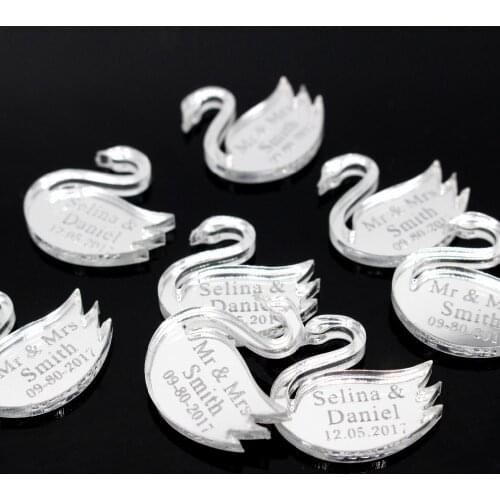 60 Pcs Personalized Laser Engraved Gold Silver Mirror Swan Customize Baby Shower Birthday Wedding Party Table Decor Centerpieces