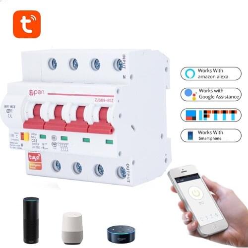 OPEN Tuya(smart home) 4P WiFi Circuit Breaker Remote control overload short circuit protection Amazon Alexa Google home for Sma
