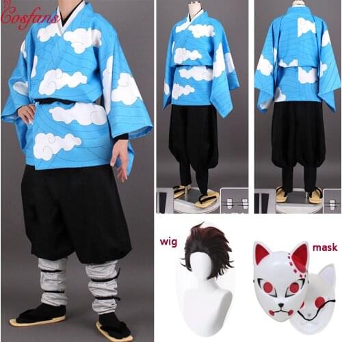 Demon Slayer: Kimetsu no Yaiba Kamado Tanjirou Urokodaki Sakonji Haori Kimono Yukata Uniform Anime Customize Cosplay and wig