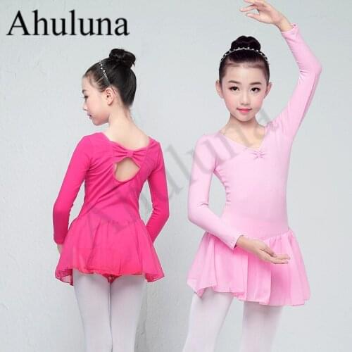 Ballet Dance Children Long/Short Sleeve Ballet Leotard Girls Kids Cotton Dance Training Dress Chiffon Skirted Leotard D033