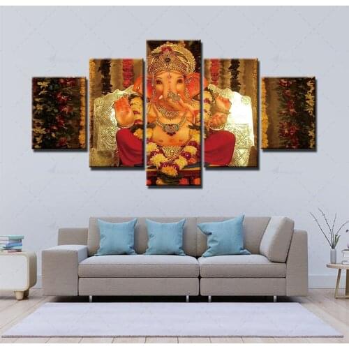 Home Decor 5 Panel Canvas Painting Indian Ganesha Pictures Wall Art Prints Modern Modular Religion Poster For Living Room Framed