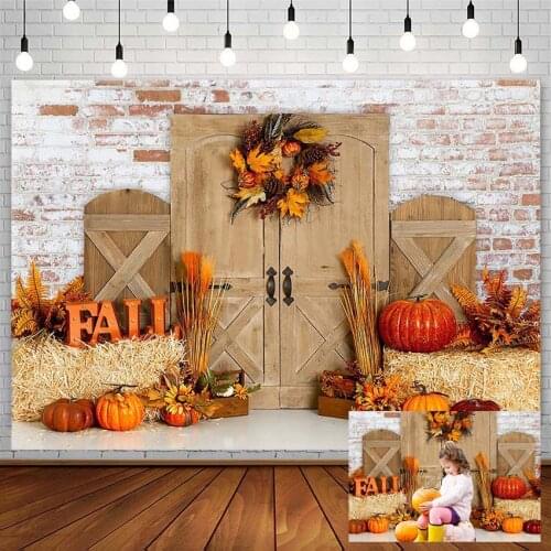 Fall Photography Backgrounds Pumpkin Plank Door White Brick Wall Haystack Backdrop Photo Studio Smash Cake Photozone Decor Props