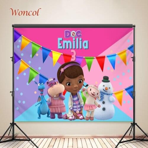 Woncol Doc Mcstuffins Photography Backdrops Girls Birthday Photo Backgrounds Falgs Cartoon Banners Photo Booth Props