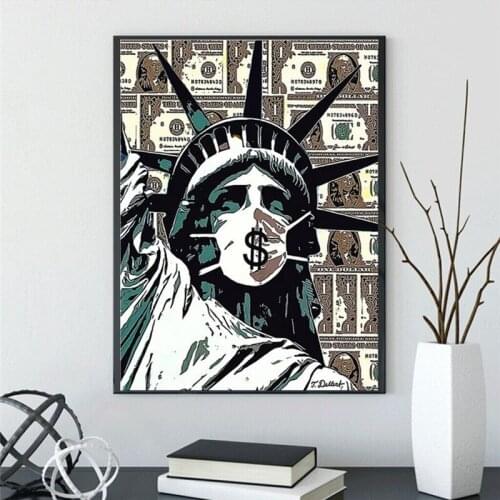 Statue of Liberty Wearing Mask Dollar Canvas Painting Wall Posters and Prints Graffiti Art Aisle Living Room Unique Home Decor