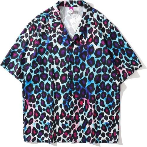 Korean Fashion Leopard Print Hawaiian Short Sleeve Shirt Men Summer Floral Beach Vintage Clothes For Teens Camisas Para Hombre