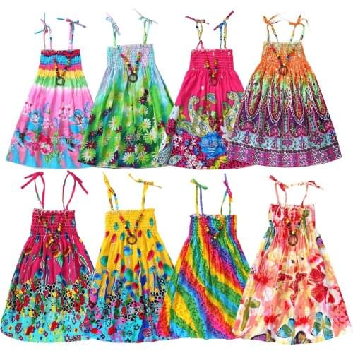 Summer Girls Bohemian Princess Dresses Rainbow Beach Dress for Teen Girls Linen Clothes with Vintage Necklace Gift 3 6 9 12 Year
