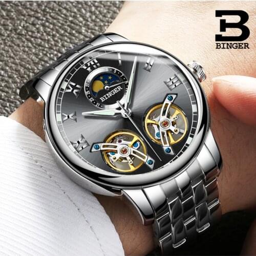 Fashion Design Double Tourbillon Luxury Men Watch Automatic Mechanical Watch BINGER Famous Brand Watch relogio masculino 2018