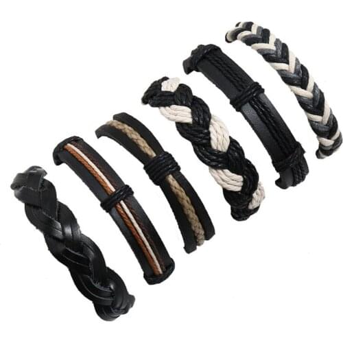 Fashion Casual Black Bracelet Set Vintage Weave Leather Rope Charm Wrap Bangle Handmade Wristbands Men Women Hippie Punk Jewelry