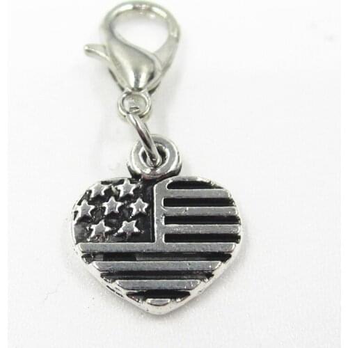 New 20pcs/lot American Flag Heart Dangle Charms Hanging Lobster Clasp Charm DIY Jewelry Accessories Necklace Pendant