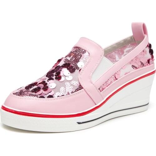 Spring New Designer Brand Wedge Heel Sequin Bling Glitter Pink Platform Sneakers Women Casual Shoes Female Ladies Shoes Woman