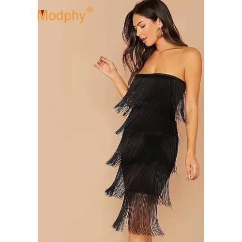 2019 Winter New Fashion Tassel Womens Bandage Dress Sexy Sleeveless Strapless Bodycon Dress Club Evening Party Vestidos