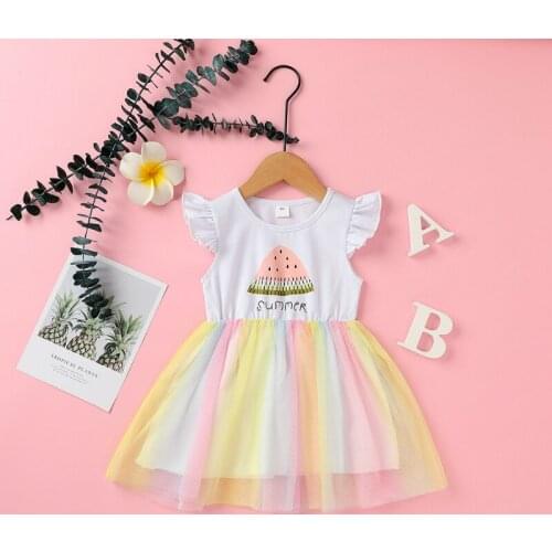 Baby Girls Dresses Kids Sleeveless Summer Outfits Watermelon Printed Rainbow Mesh Splicing Sweet Princess Dress Children Clothes