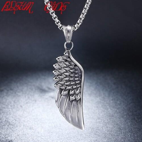 Men Stainless Steel Vintage Gothic Feather Angel Wing Pendants Necklace Silver Color for Men Jewelry