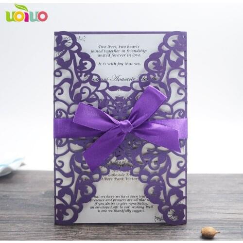 Free shipping 30set inc147 Sample Purple Laser Cut Hollow Wedding Invitation Card can Customized Printing & Ribbon Envelopes