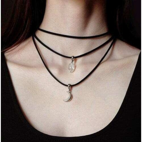 Clear Quartz Necklace, Crescent Moon Charm, Witch Necklace, Witchy Jewelry, Quartz Stone, Moon Jewelry, 3 Strands