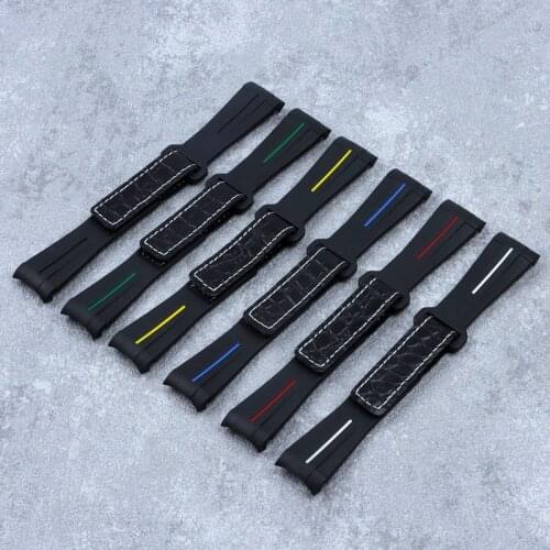 20mm New Black Curved End Leather Silicone Rubber Watchband For Role Daytona Submariner DEEPSEA GMT Omega SEAMARSTER Strap