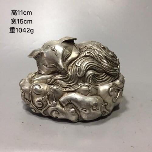 Retro Chinese Antique pure white copper ware Cupronickel carvings fox incensory statue lowrie Incense burner Trinkets censer