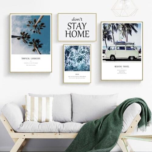 SVITY Nordic poster Sea View Bus Green Leaf Coconut Tree Wall Pictures Living Room Landscape Decoration Canvas Painting FA720