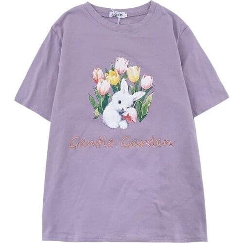 Purple Flower Plush Rabbit Print O Neck Loose All-match Short Sleeve T-Shirt