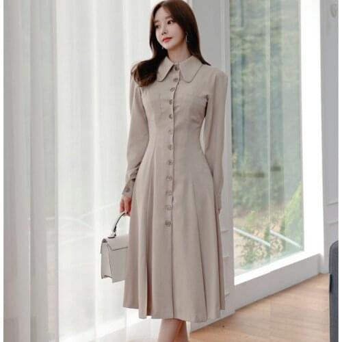 New arrival fashion vintage Single breasted formal dress high quality work style vintage cute elegant simple long a-line dress