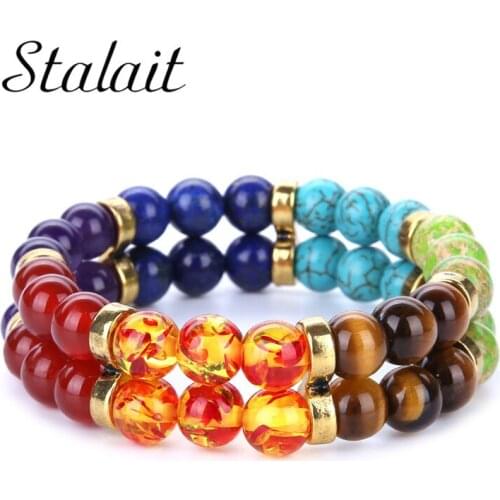 8mm Vintage Seven Chakra Double Layer Plated Strand Bracelet Onyx Stone Natural Stone Balance Bracelet Female Buddha Bracelet