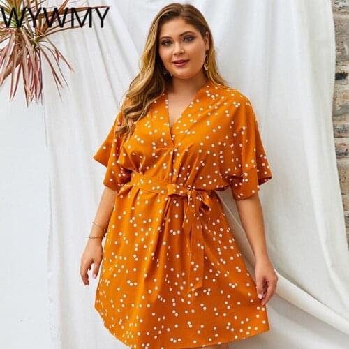 WYWMY Polka Dot Sexy Dress Plus Size Women Summer 2021 V Neck Lacing Boho Mini Dress Short Sleeve A Line Dress Wrap Sundress