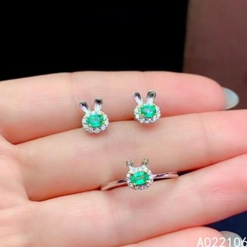 Fine Jewelry 925 Pure Silver Chinese Style Natural Emerald Womens Luxury Popular Rabbit Gem Earring Adjustable Ring Set Support