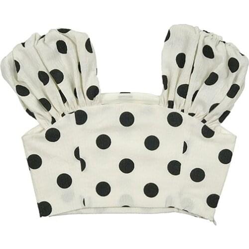 PERHAPS U Women Elegant Sweet Chiffon Polka Dot Print Slash Neck Square Collar Pleated Folds Puff Sleeve Short Shirt Tops B3090