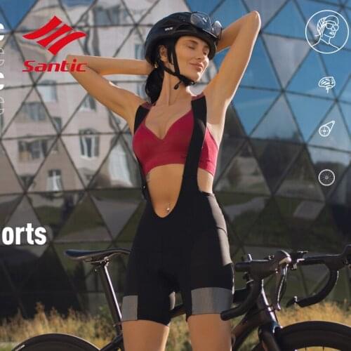 Santic Women MTB Road High Density Pad Cycling Bib Shorts Straps Shockproof Pro Gel 4D Padding 1/2 Pants Cycling Clothing