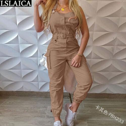 Jumpsuit Women Summer 2020 Solid Color Have Belt Plus Size Pocket Design Women Jumpsuits Casual Streetwear Suspender Jumpsuit
