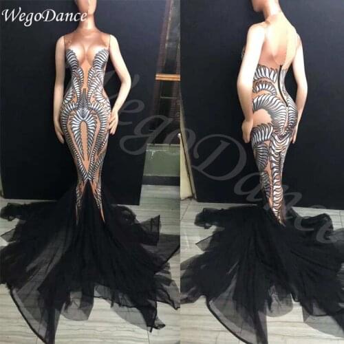 New sexy woman Black Mesh Trains Long Dress Performance Stretch Dance Birthday Celebrate Outfit Nightclub Party Singer Costume