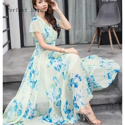 High Quality Bohemian S-5XL 2021 Summer New Arrival V Collar Collect Waist Flare Sleeve Flower Printed Woman Chiffon Long Dress