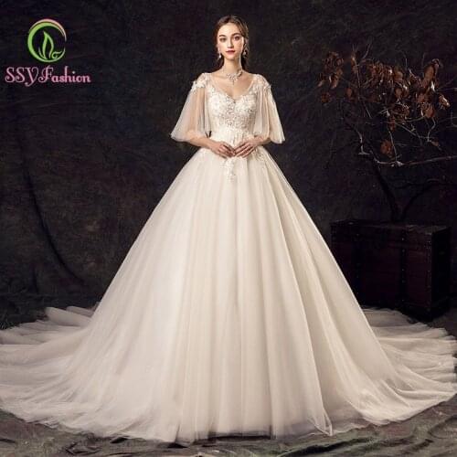 SSYfashion Elegant V-neck Half Flare Sleeves Lace Up Back Floor-Length Ball Gown Lace Wedding Dress Luxury White Bridal Dresses