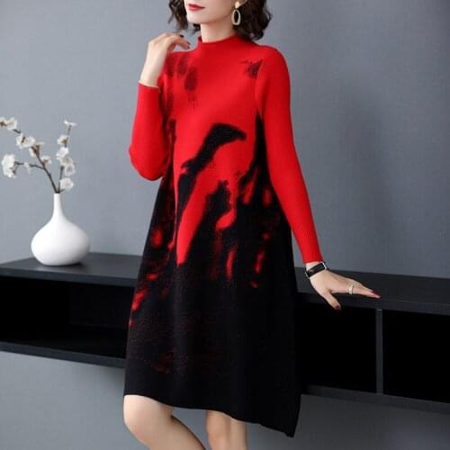 2020 Autumn Dress New Korean Half-high Collar High Waist Midi Sweater Dress Women Loose Printed Knit Dress Femme Vestidos f2568