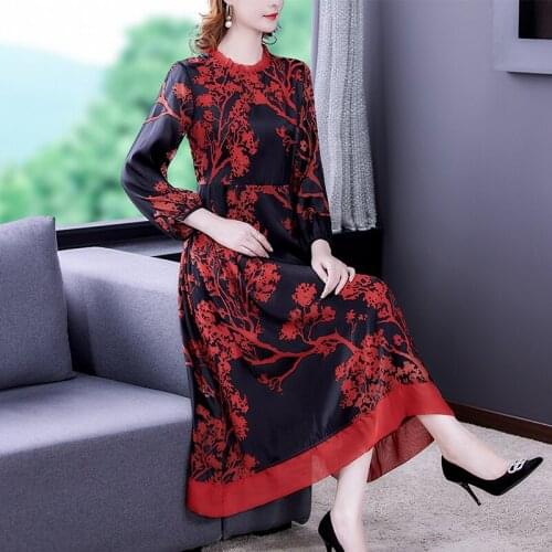 Autumn Print Mulberry Silk Jacquard Midi Dress 2021 Spring Elegant Casual Office Lady Dress Women Korean Vintage Bodycon Vestido