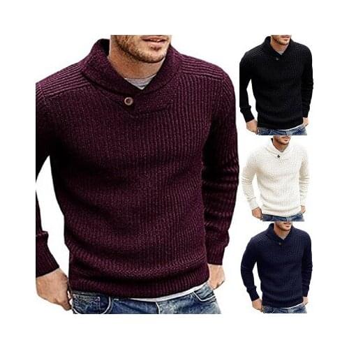 Burgundy Winter Warm Men Sweater Lapel Pullover Retro Casual Knit Sweaters For Men Fashion Designs Solid Color Autunm Outerwear