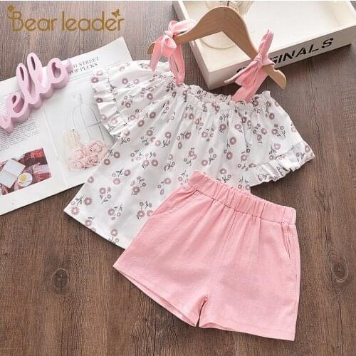 Bear Leader Summer Brand New Girls Sets Cute Bow-knot Sling T-shirt Cherry Print Pattern with Casual Shorts Suit for Kids 2-6 Y