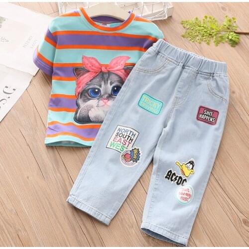 Free shipping 2021 Girls Clothing Set Summer Baby Girls Clothes sets girl T-shirt+jean girls pants suit