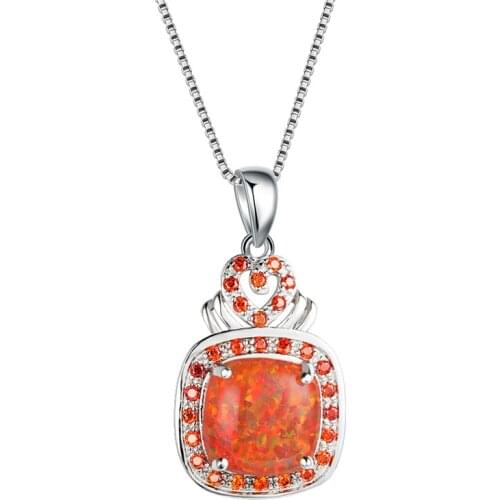 Big Square White Orange Fire Opal Stone Pendant Necklaces For Women Wedding Jewelry Vintage Fashion 925 Silver Promise Necklace