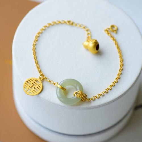 S925 Sterling Silver Double Happiness Bracelet Natural Hetian Jade Peace Buckle Creative Court Goddess with Cheongsam Bracelet O