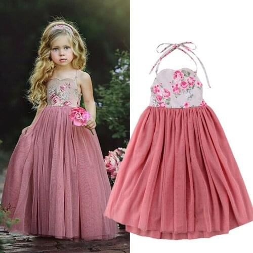 Kids Girl Lace Flower Halter Dress Elegant Maxi Princess Wedding Bridesmaid Ball Gown Party Dresses Formal Tulle Tutu Dress 1-7Y