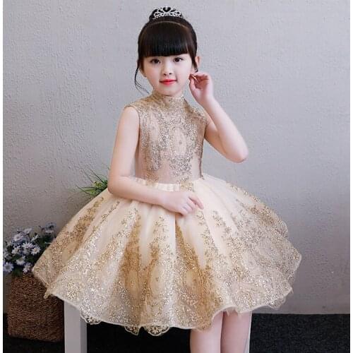 Elegant Golden Sequin Flower Girl Dress Girl Wedding Dress Baby Girls Party Dress Kids Birthday Clothing for 1-12 years