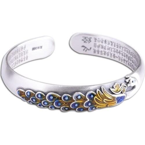 KJJEAXCMY Boutique jewelry 999 Thai Silver Burned Blue Drop Womens Foot Peacock Open Heart Sutra Bracelet