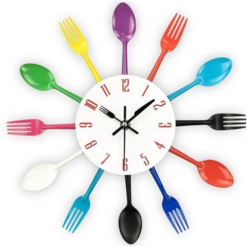 Kitchen Wall Clock, 3D Removable Modern Creative Cutlery Kitchen Spoon Fork Wall Clock Mirror Wall Decal Wall Sticker Room Home